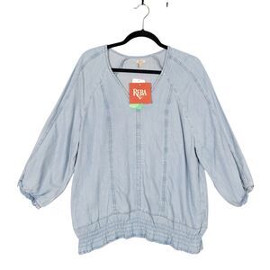 NWT REBA Blue Chambray Tencel Smocked Waist Boho Western Top SIZE MEDIUM